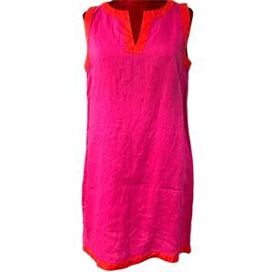 Sigrid Olsen casual dress pink with orange trim sleeveless linen shift size M